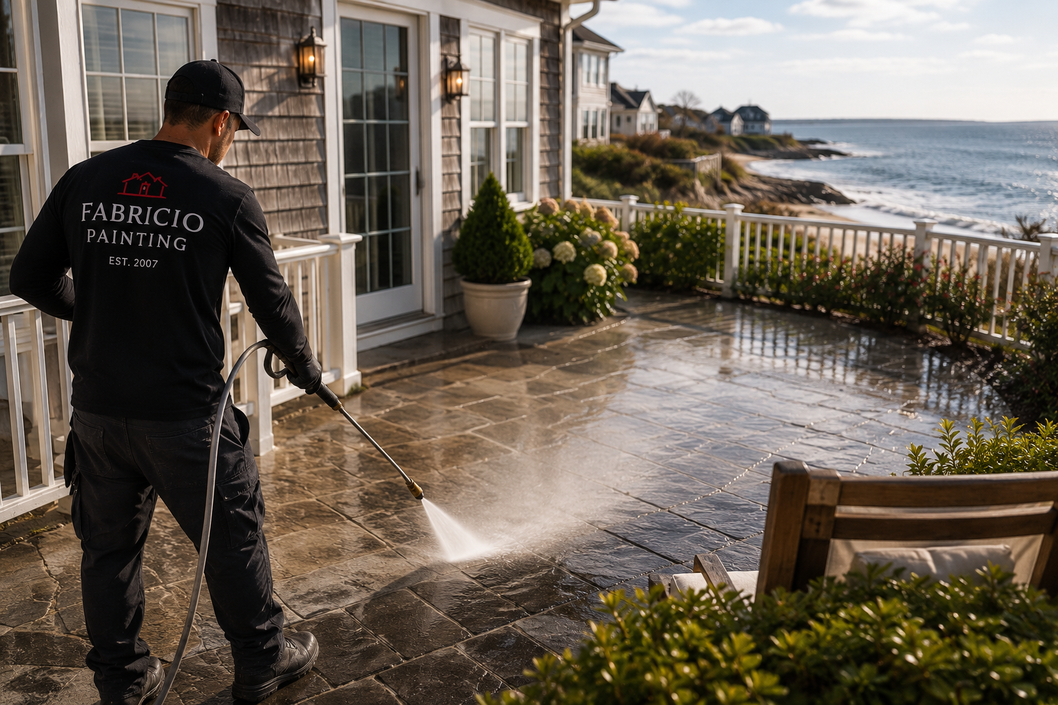 Pressure washing a coastal patio on Cape Cod by Fabricio Painting