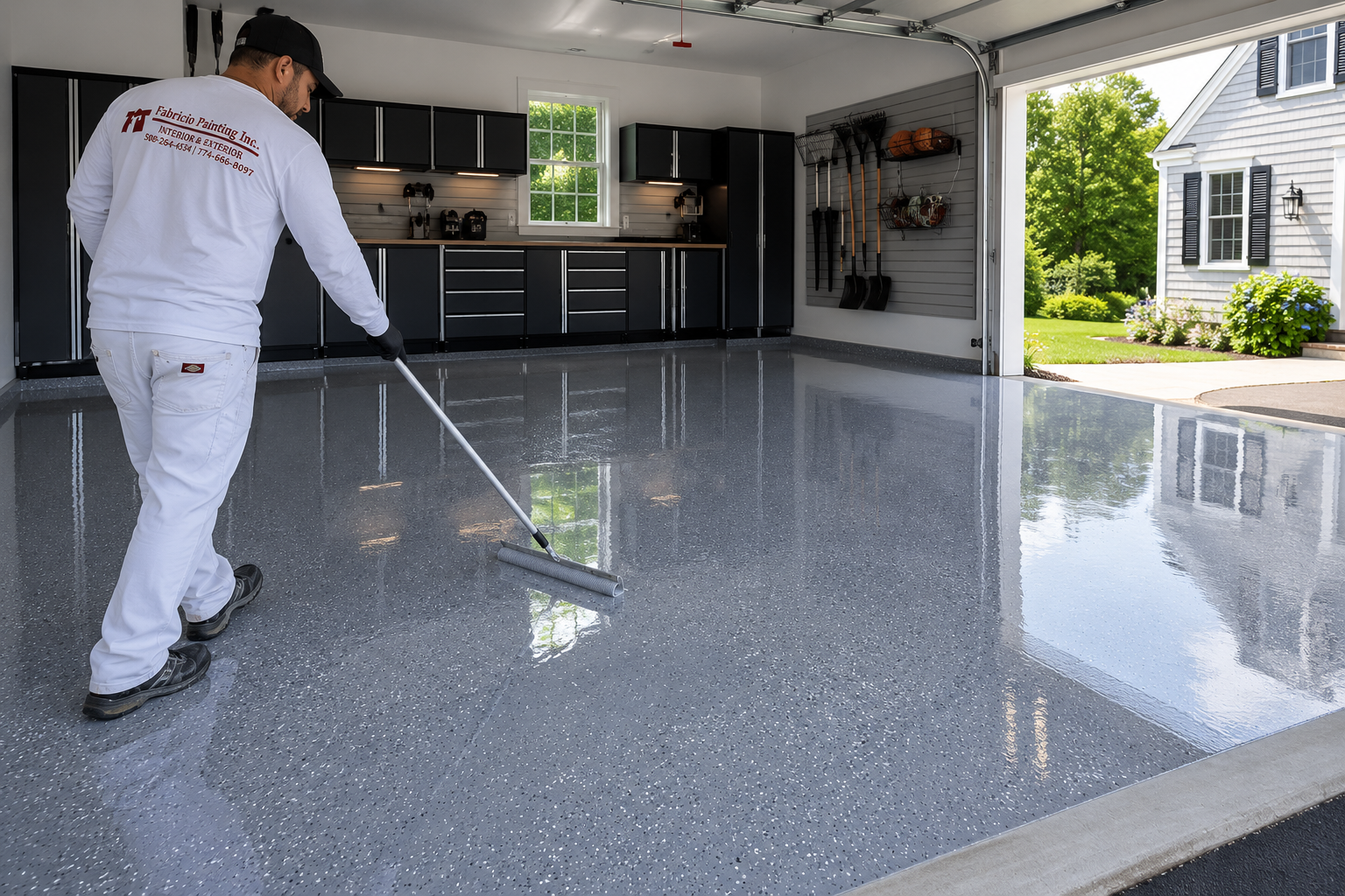Epoxy floor coating on a garage by Fabricio Painting Cape Cod