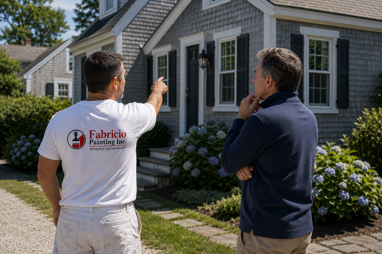 House painting consultation between a homeowner and Fabricio Painting at a Cape Cod home
