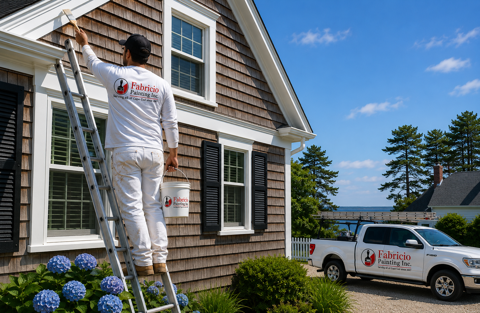 Exterior house painting on a Cape Cod shingle home by Fabricio Painting