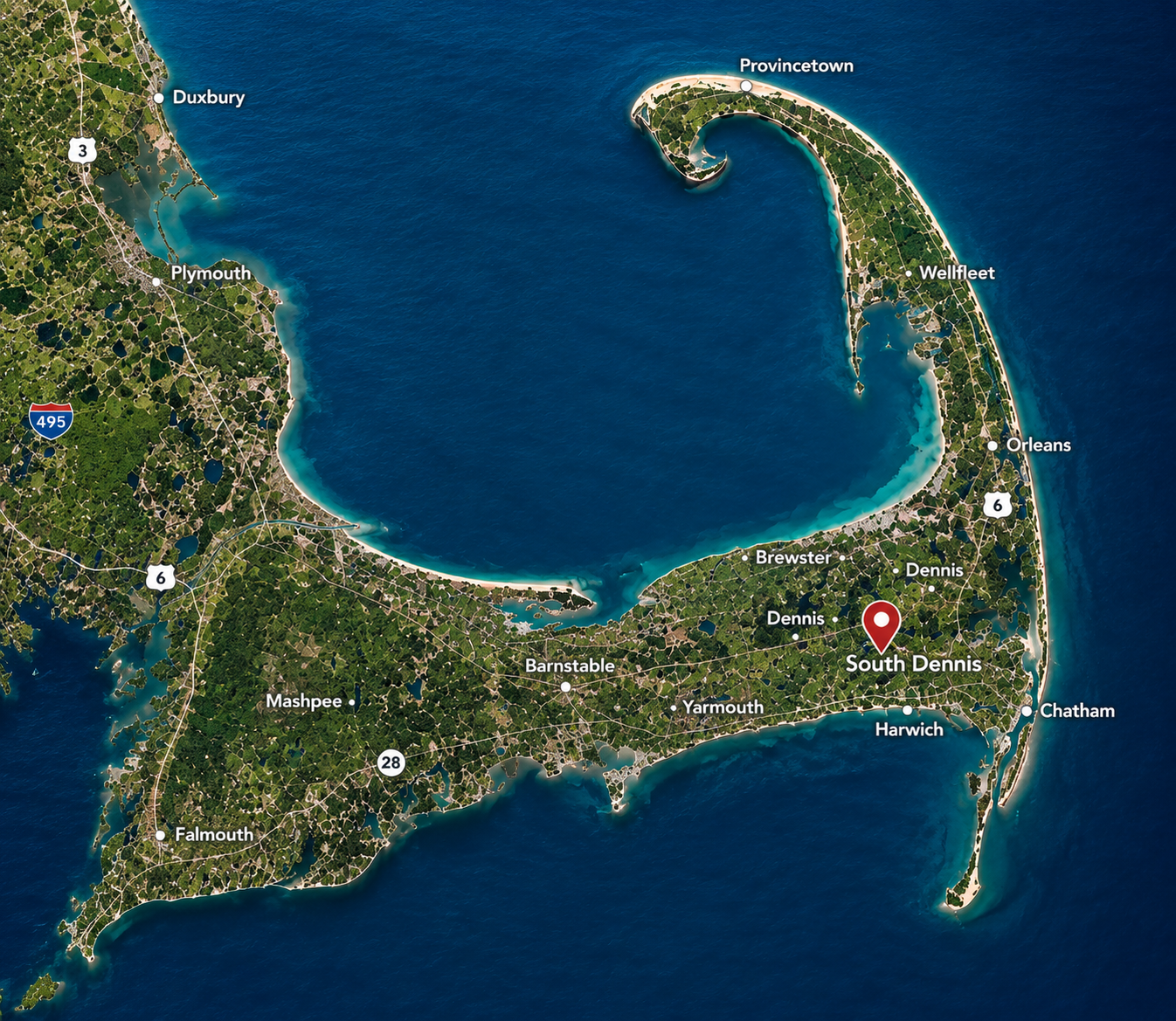Cape Cod service area map showing South Dennis and towns served by Fabricio Painting throughout Cape Cod Massachusetts