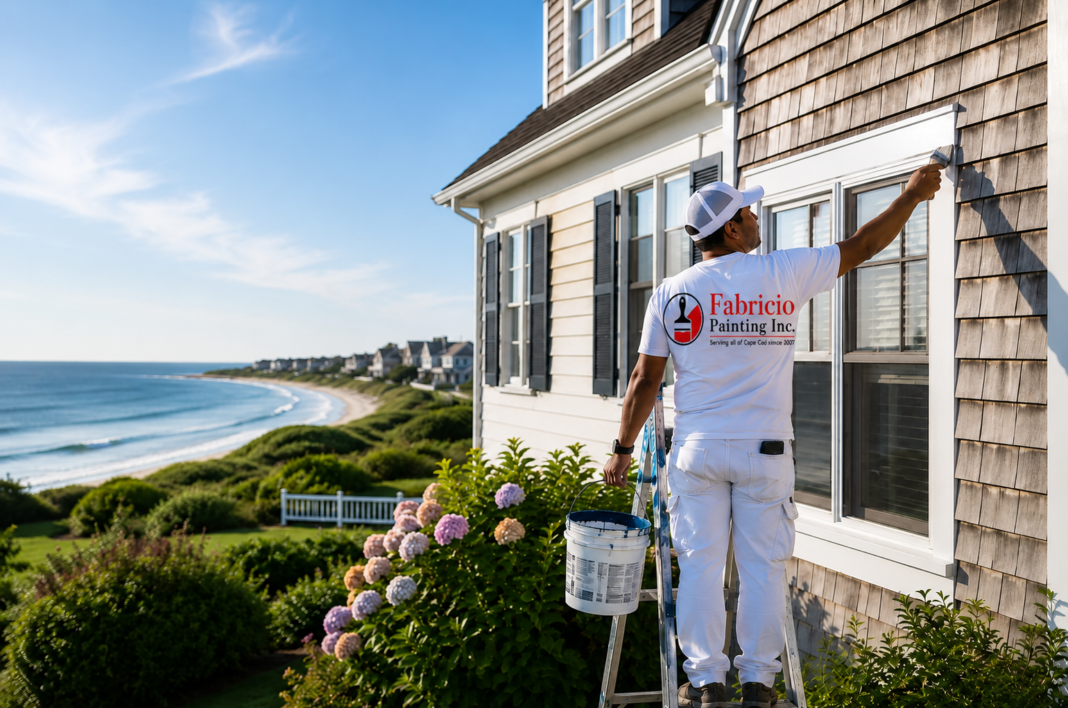 Fabricio Painting painter working on a coastal Cape Cod home