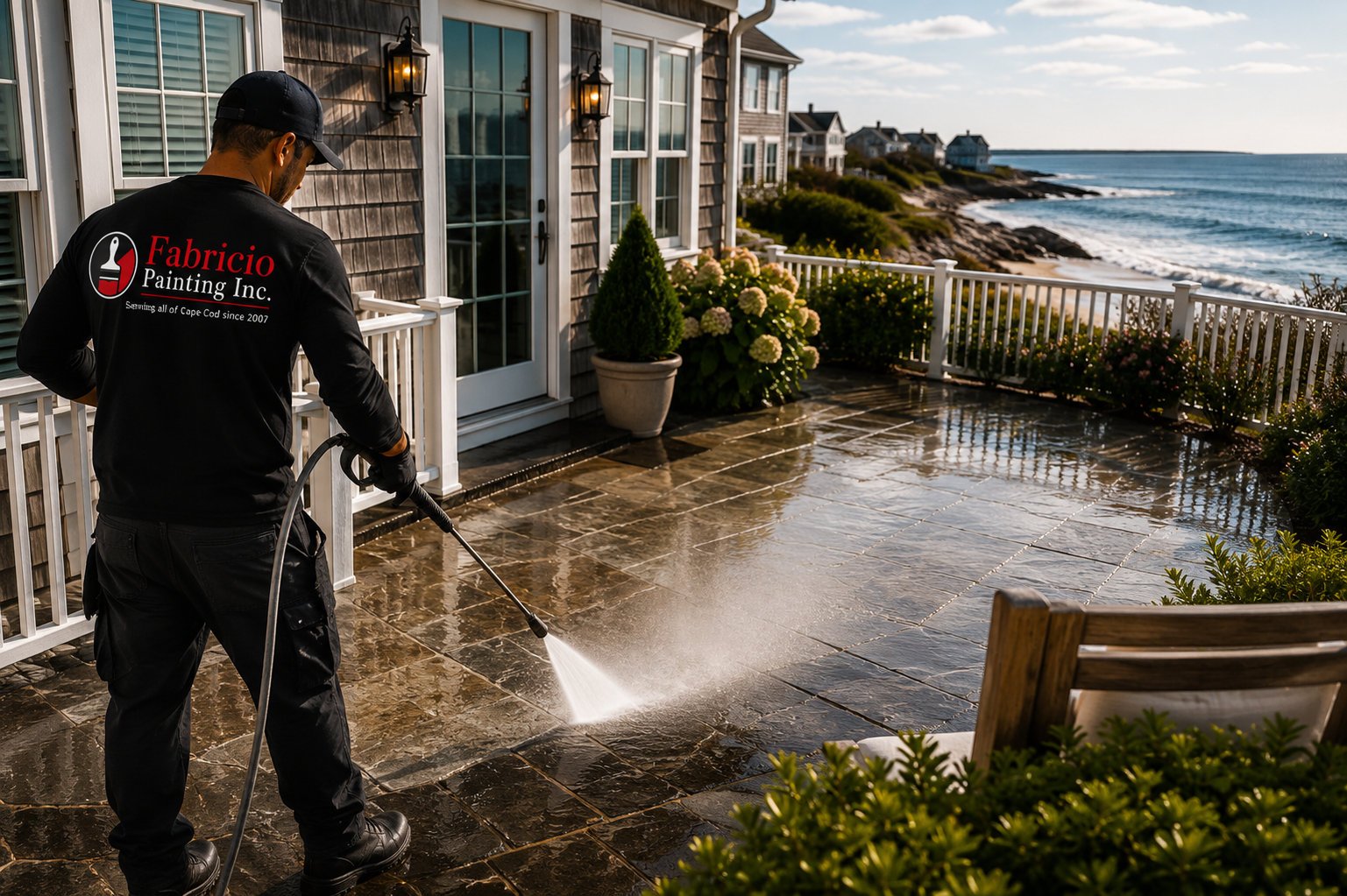Pressure washing a coastal patio on Cape Cod by Fabricio Painting