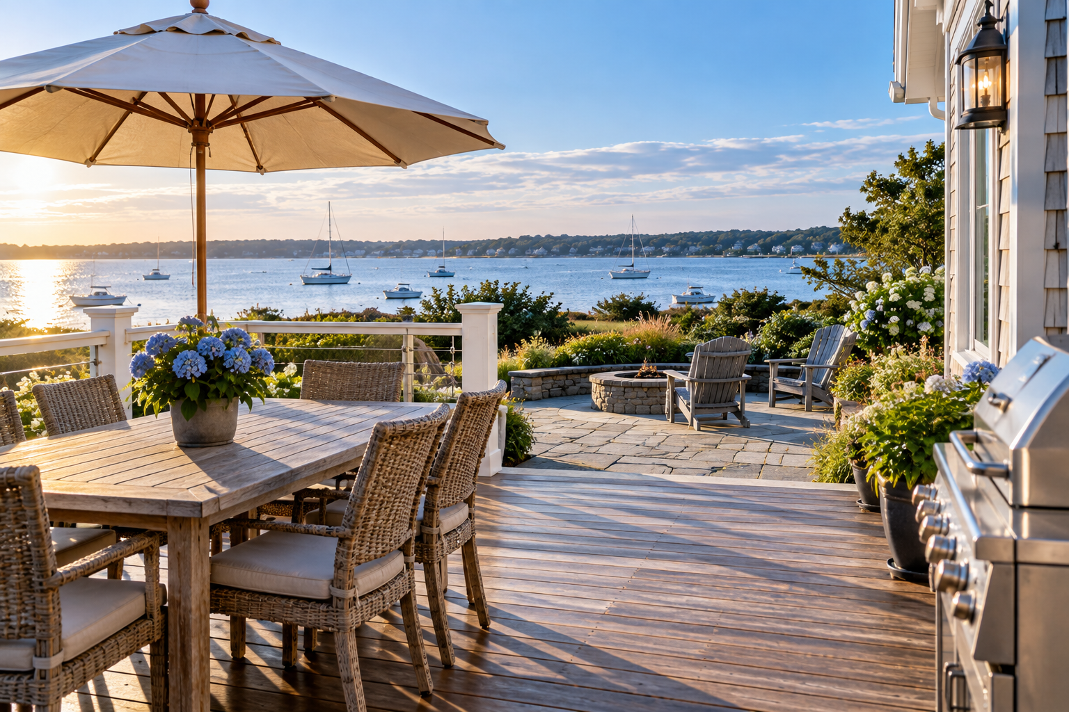 Waterfront deck and patio at a Cape Cod coastal home