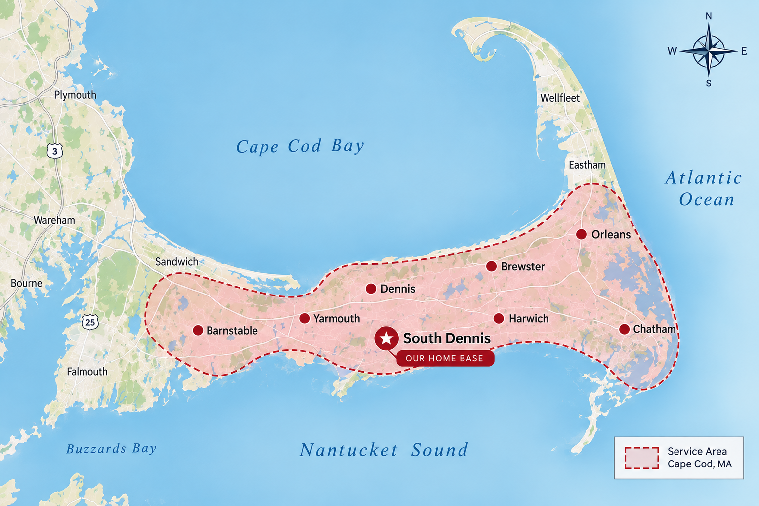 Cape Cod pressure washing service area map showing South Dennis, Dennis, Yarmouth, Barnstable, Harwich, Brewster, Orleans and Chatham
