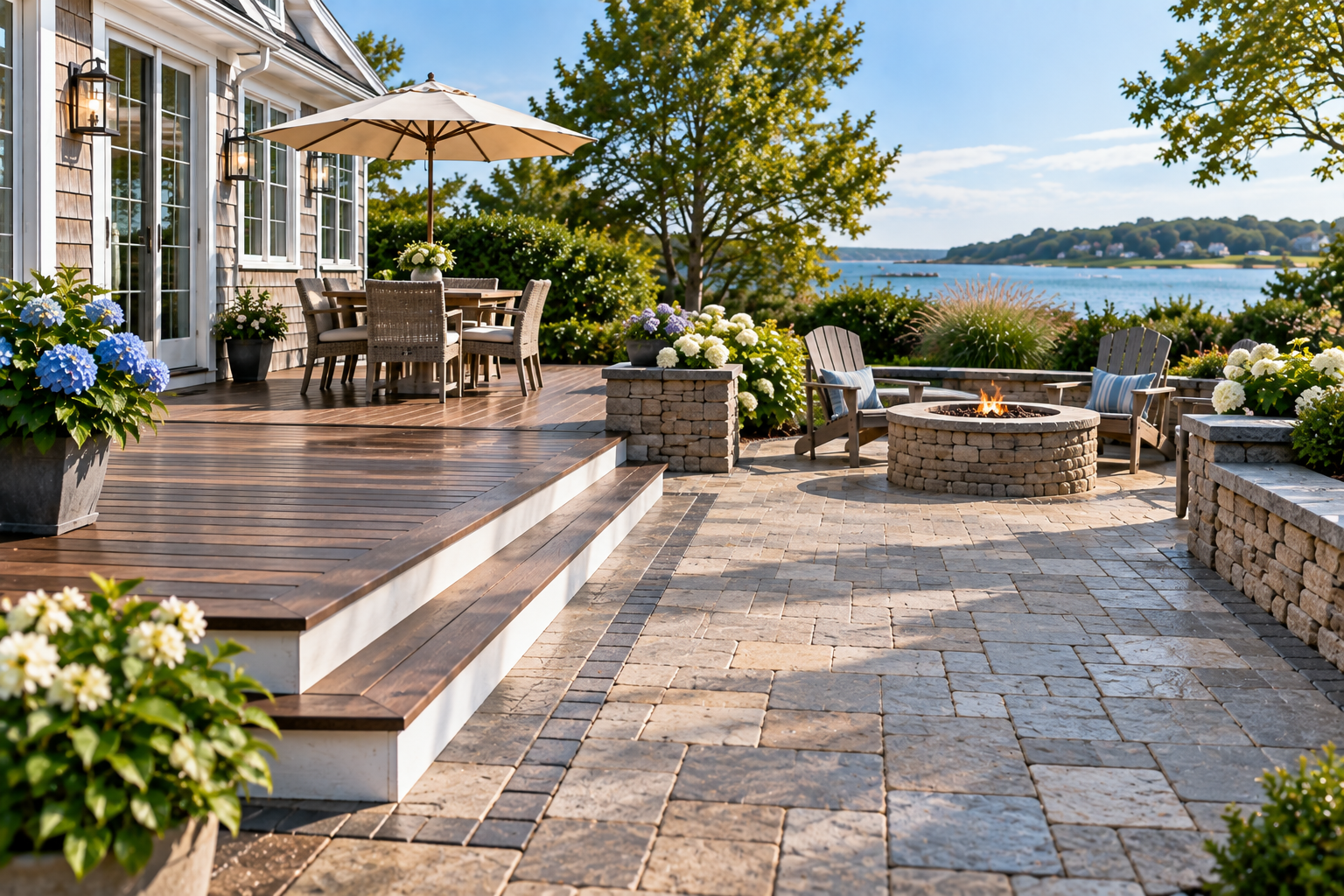 Wood deck and stone patio surfaces at a Cape Cod coastal home