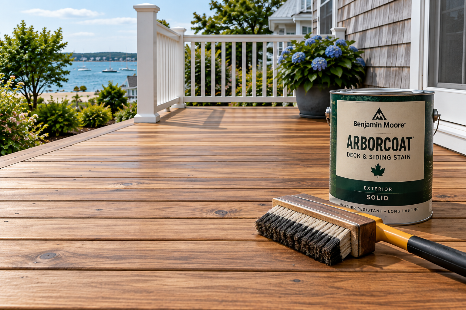 Clean wood deck prepared for staining at a Cape Cod coastal home