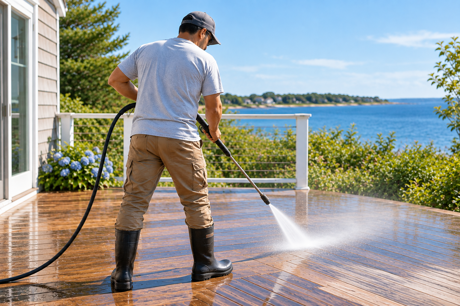 Professional deck pressure washing at a Cape Cod coastal home