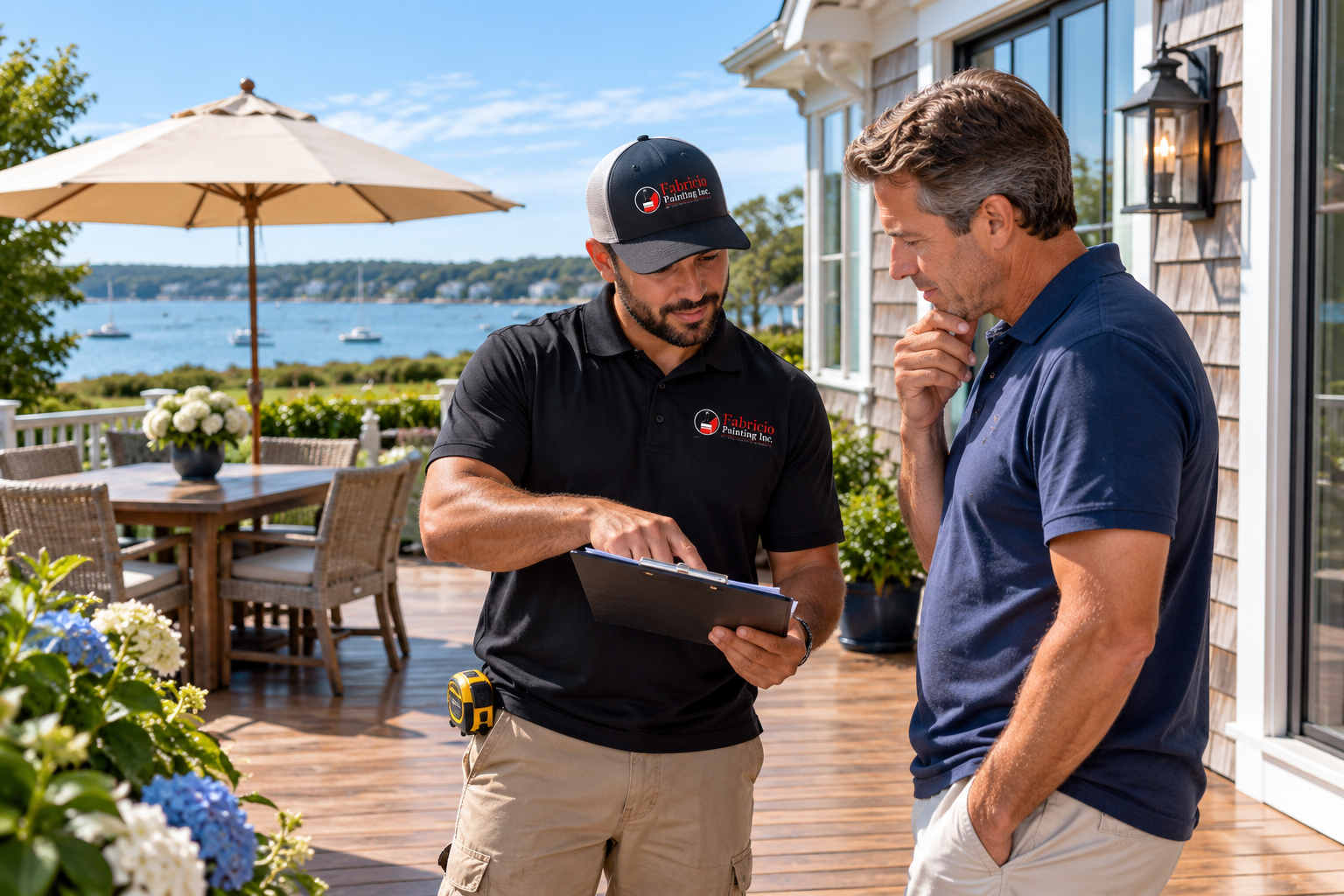 Fabricio Painting discussing a deck pressure washing estimate with a Cape Cod homeowner