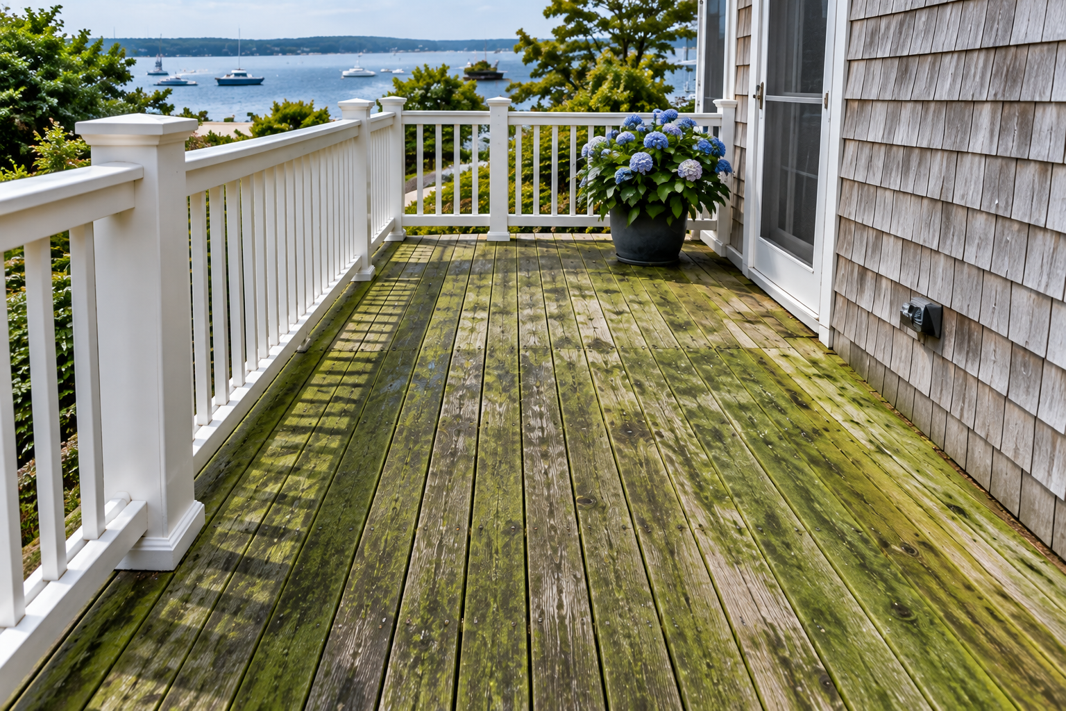 Green algae buildup on a wood deck at a Cape Cod coastal home