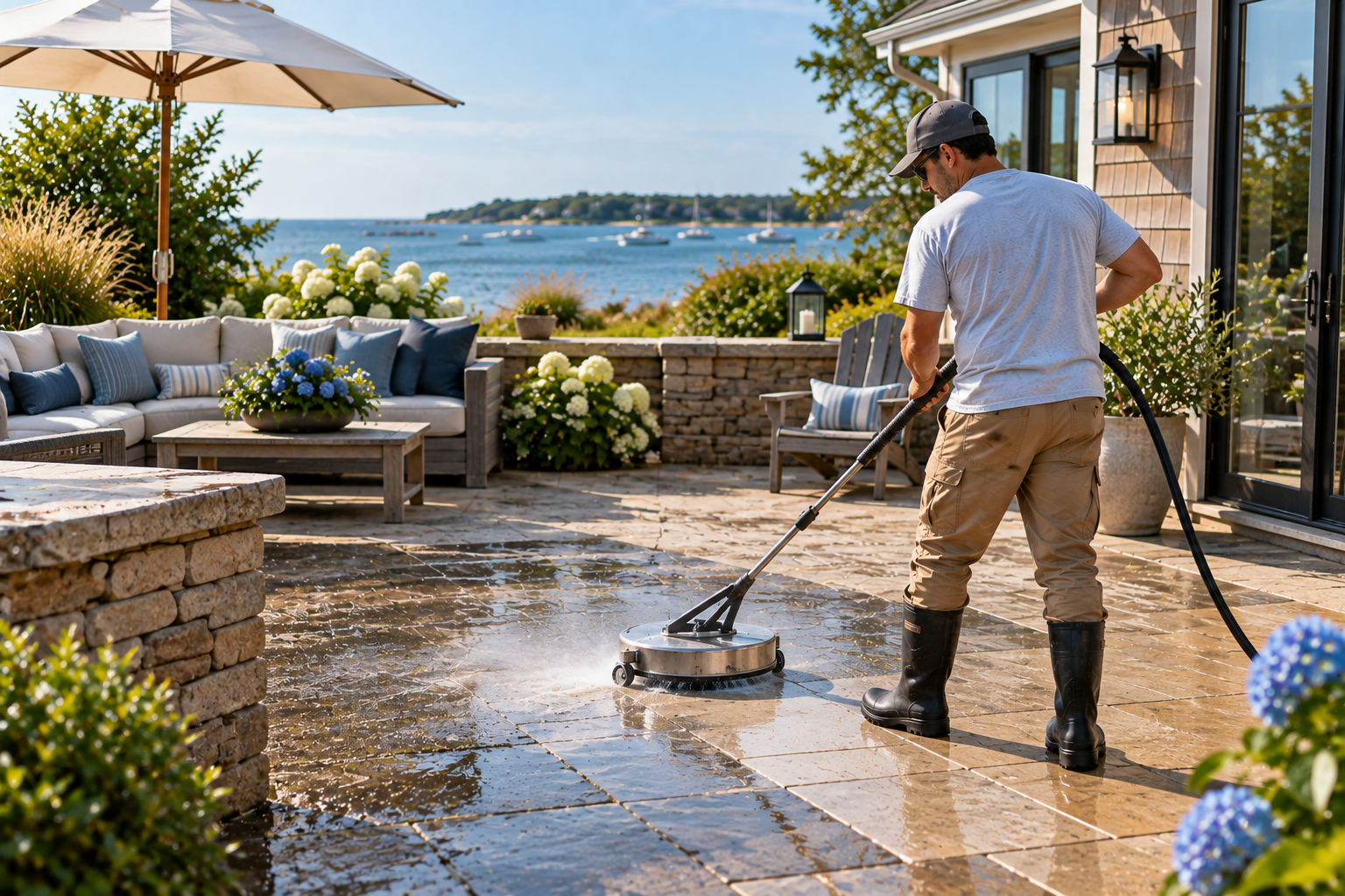 Professional patio pressure washing at a Cape Cod coastal home