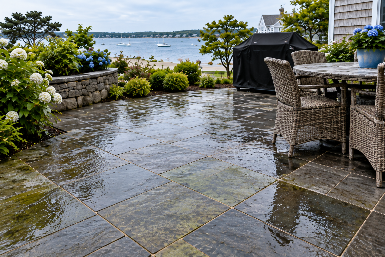 Wet stone patio with algae buildup at a Cape Cod waterfront home