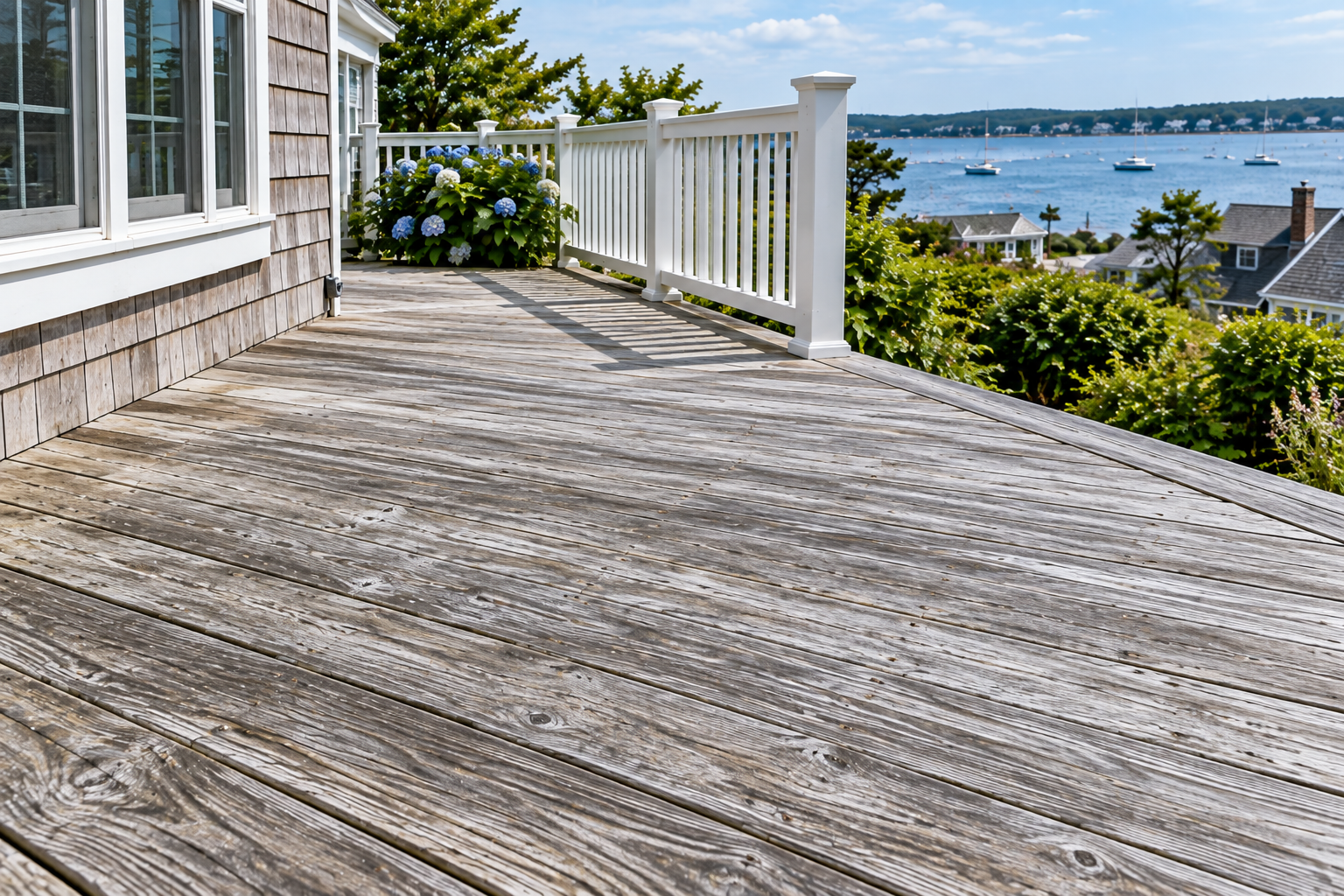 Weathered gray wood deck at a Cape Cod coastal property
